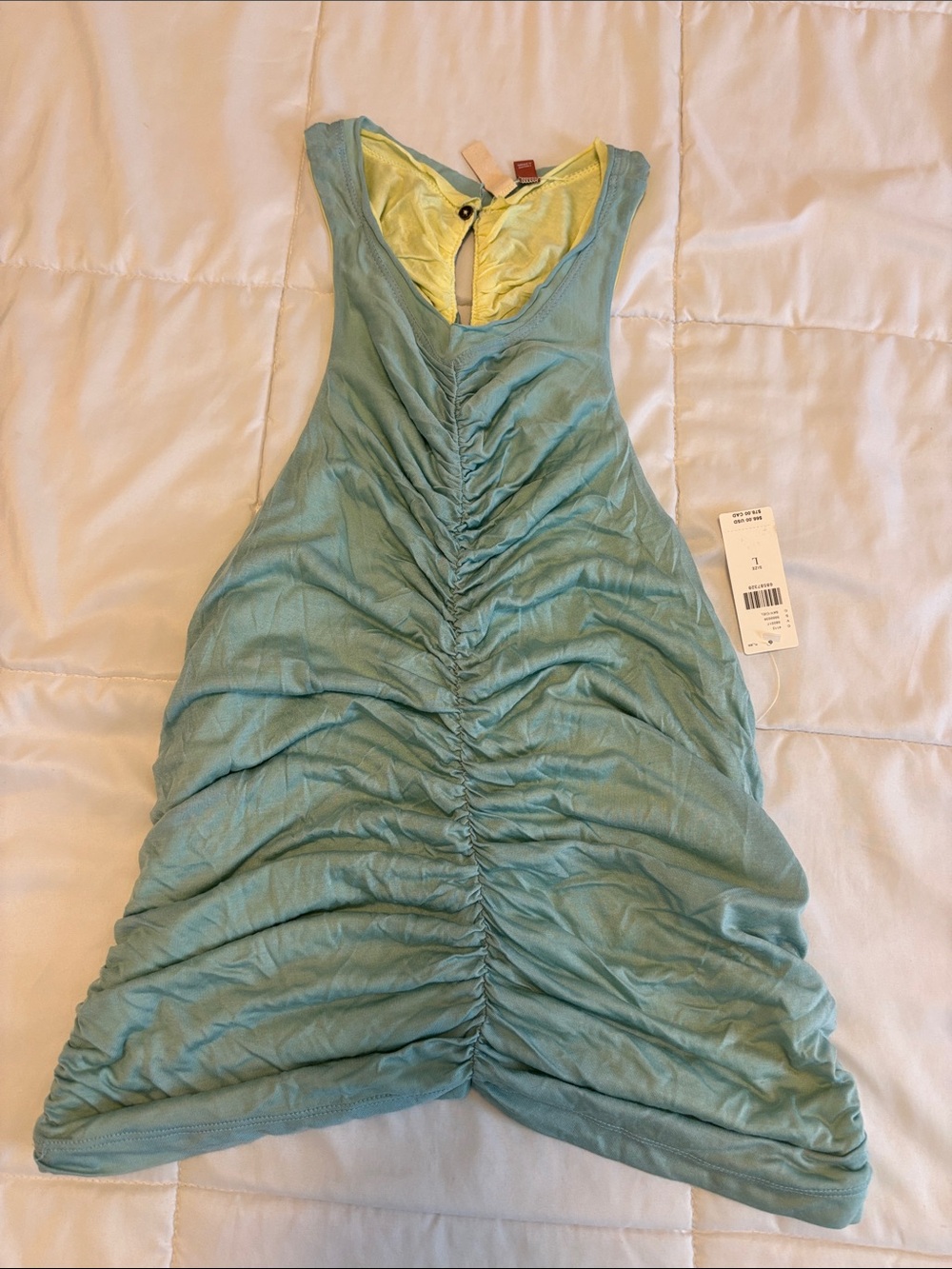 Anthropologie Teal Ruched Tank with Yellow Lining